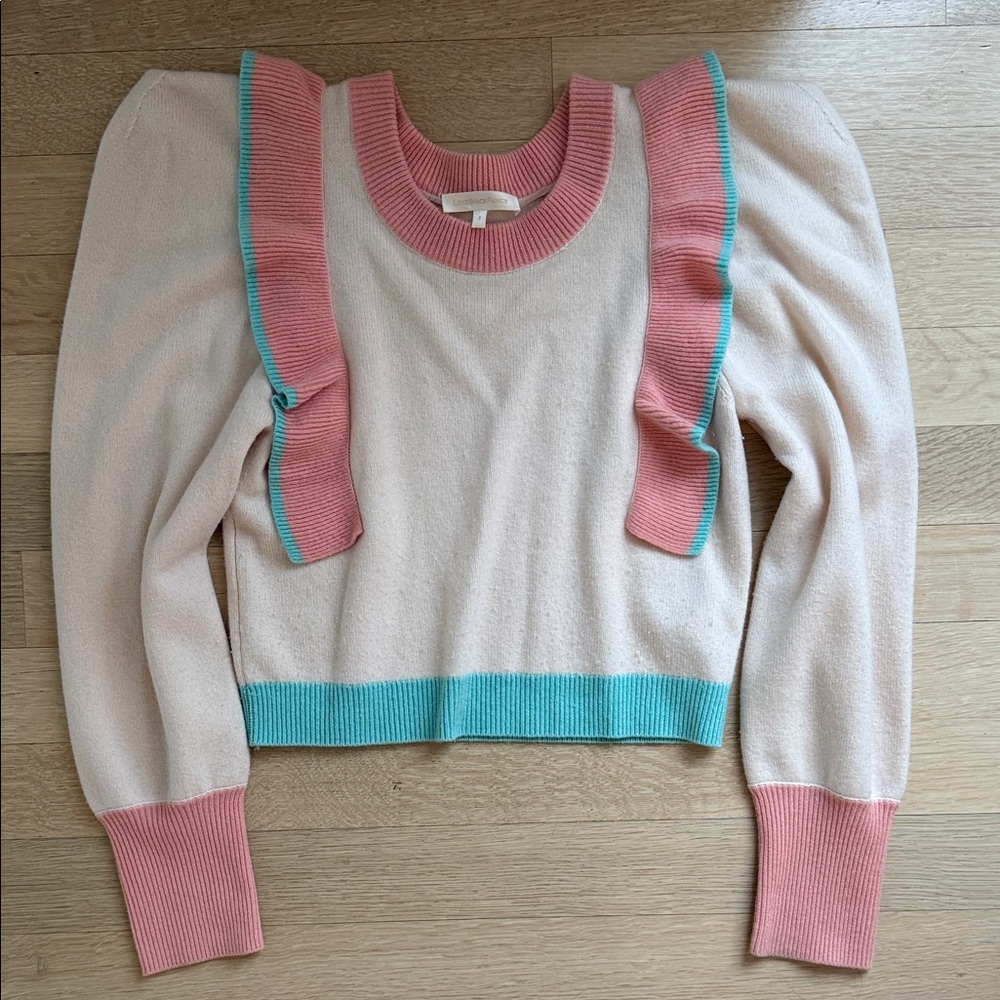 LoveShackFancy Pink and Teal Ruffle Sweater